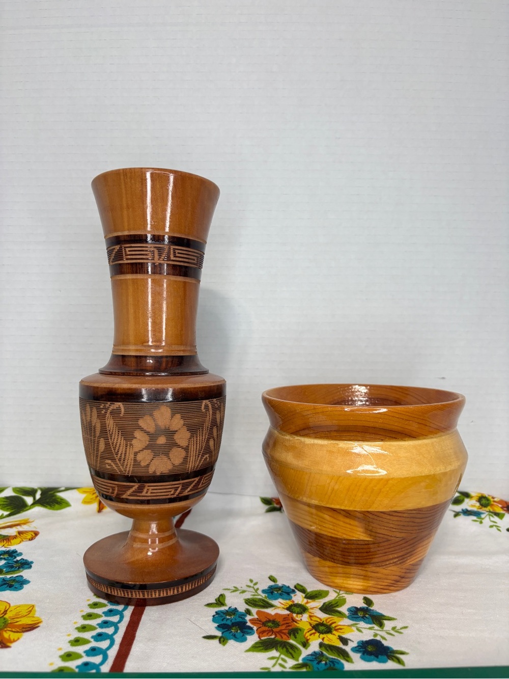 Wood Lathe Turned Footed Vase & Hand-Turned Wooden Planter Pot Decor Set